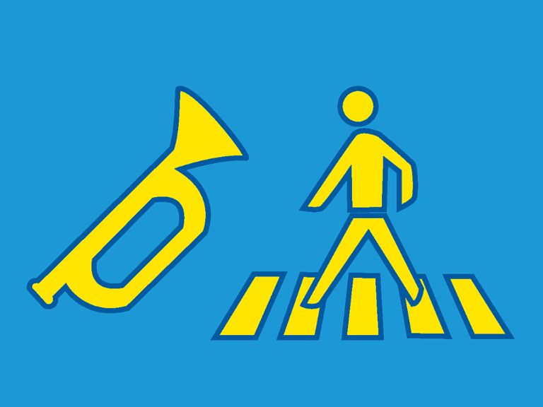 Icon einer Trompete und eines Zebrasteifens mit einer Person. 