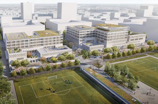 Visualisierung Grundschule (links) und Gymansium (rechts) mit Freisportflächen