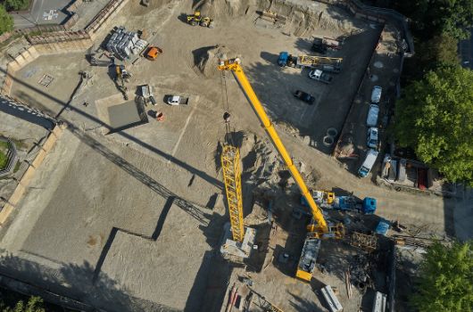 Vogelperspektive über den südöstlichen Teil der Baustelle