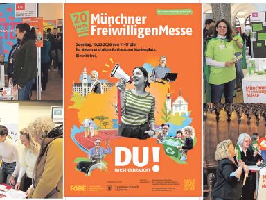 Menschen an Messe-Infotischen und Plakat 20. Münchner FreiwilligenMesse