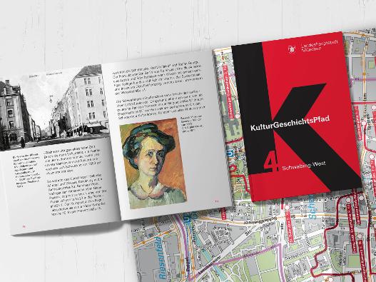Fotografie der aufgeschlagenen Broschüre des KulturGeschichtsPfades Schwabing-West