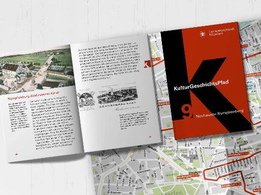 Fotografie der aufgeschlagenen Broschüre des KulturGeschichtsPfades Neuhausen-Nymphenburg