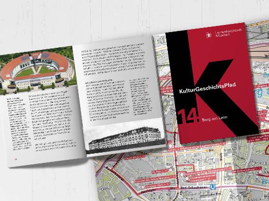 Fotografie der aufgeschlagenen Broschüre des KulturGeschichtspfades Broschüre Berg-am-Laim