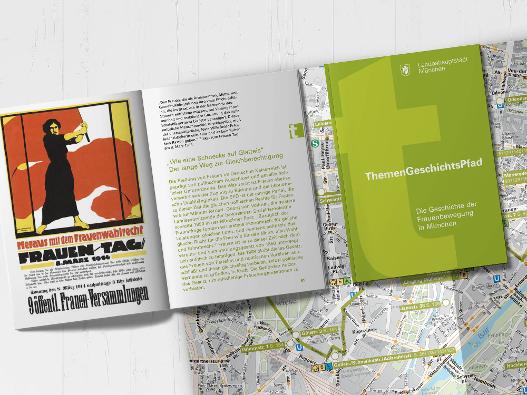 Fotografie der aufgeschlagenen Broschüre des ThemenGeschichtspfades 