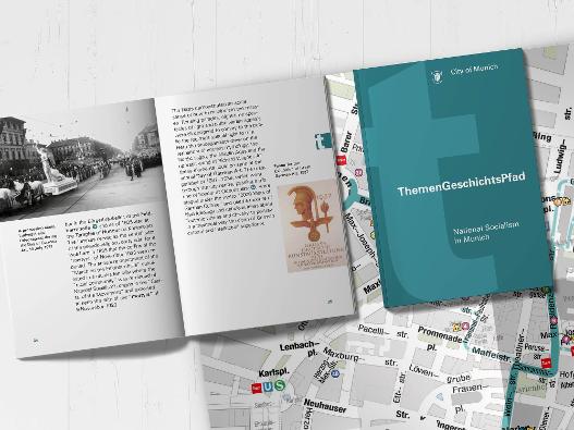 Photograph of the open brochure of the thematic history trail 